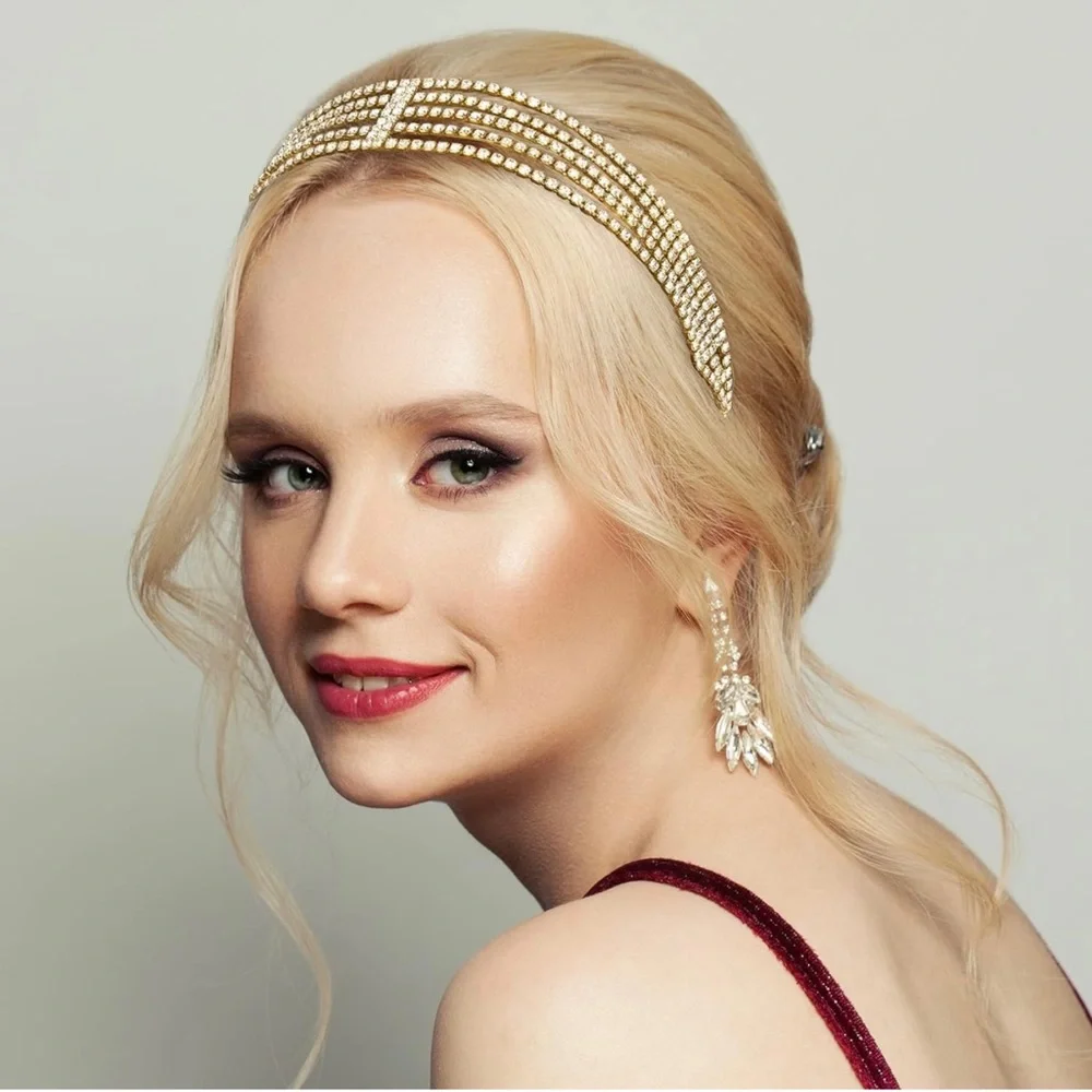 🆕 Multi Layered Adjustable Rhinestone Bridal Headpiece, Gold